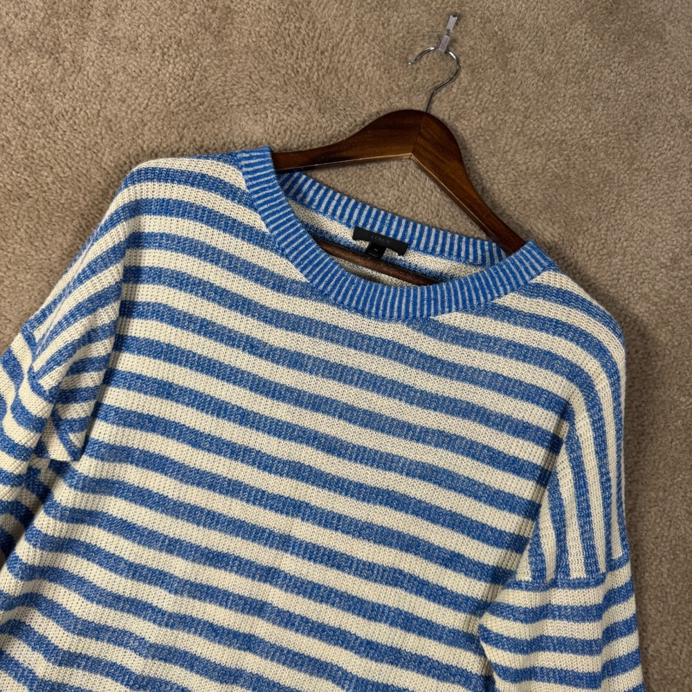 J.Crew Sweater Womens Medium Blue Striped Linen Cotton Blend Oversized Crewneck